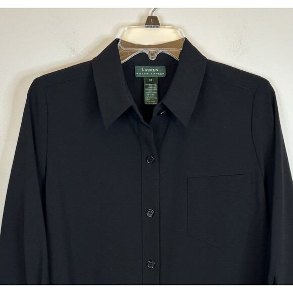 LAUREN RALPH LAUREN Black Button Wool Blend Shirt Dress Women 12 Midi 3/4 Office - Picture 4 of 10